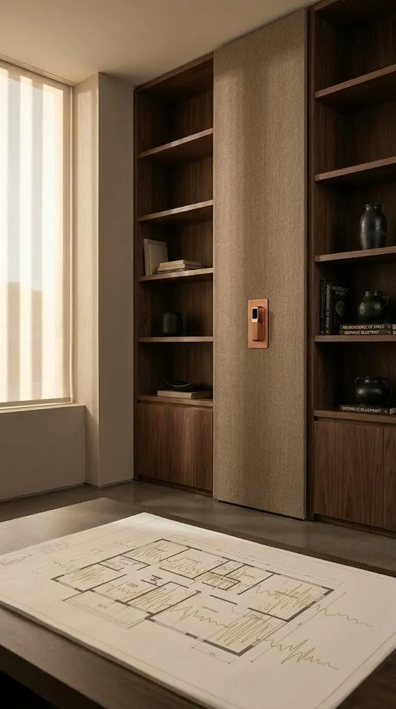 A serene and modern architectural interior with high ceilings and expansive windows overlooking a lush garden. The space features clean lines, minimalist furniture, and soft natural light filtering through sheer curtains. The overall aesthetic is one of quiet luxury and intellectual depth, using a palette of deep blacks and soft grays.