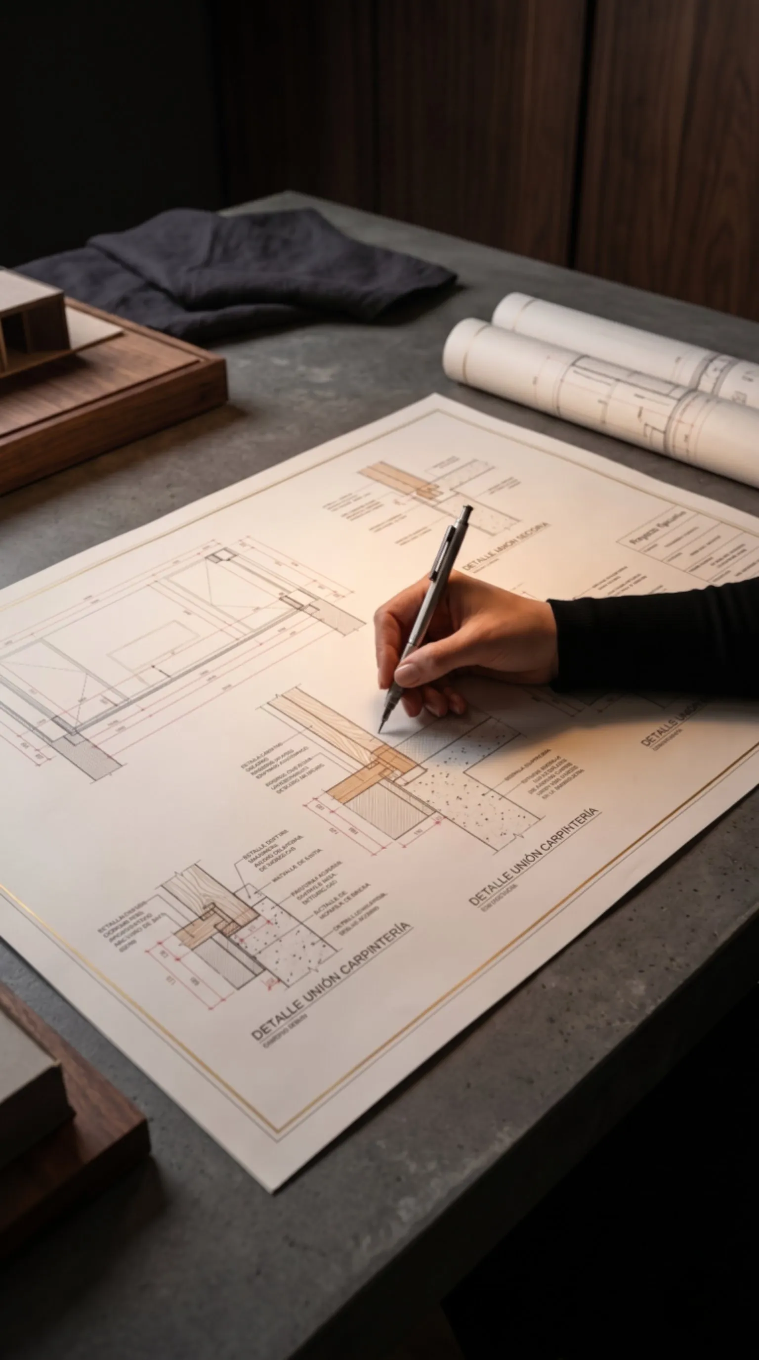 Arquitecto supervisando una obra de interiorismo de lujo con planos técnicos y acabados en proceso